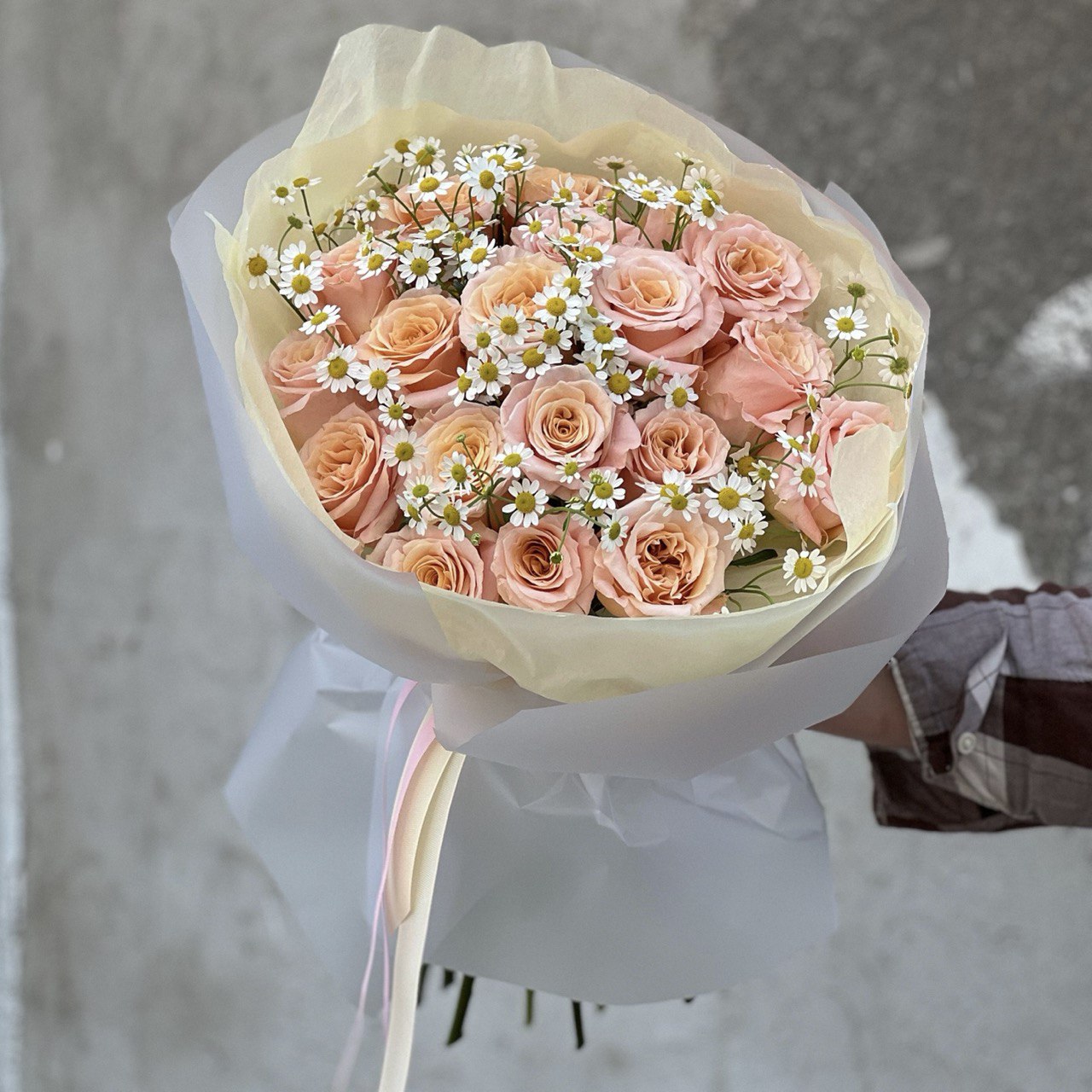 Bukiet róż "Shimmer" z rumiankiem